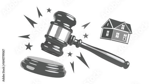 Gavel striking with stars and arrows near a house suggesting legal action on real estate matter s