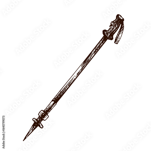 Hand drawn vintage sketch of trekking pole in rustic engraved style for hiking, camping and outdoor adventure design