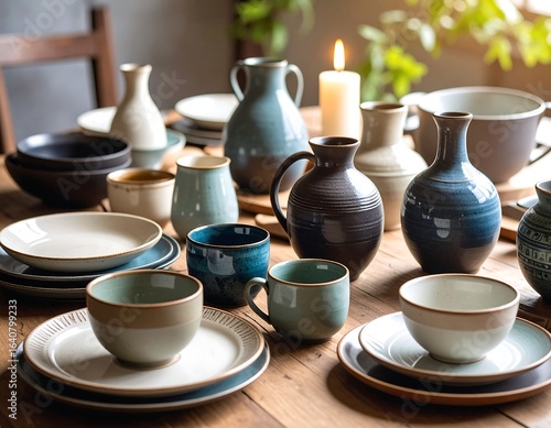 Rustic wooden table displays an assortment of stoneware dinnerware in muted blues and creams