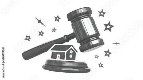 Illustration of a gavel striking a house with stars scattered around a white background scene art