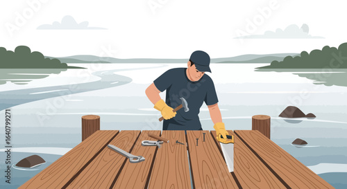Man Constructing Wooden Dock By Lake With Hammer Saw And Wood Planks