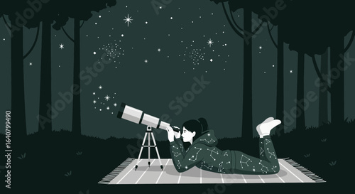 Night Sky Gazing Woman Exploring Cosmos With Telescope In Forest