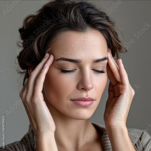 Wallpaper Mural Woman headache stress pain migraine adult female health face closed eyes woman with closed eyes touches her temples showing stress or headache Torontodigital.ca