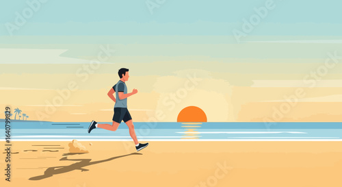 Man enjoying a refreshing morning run on a serene beach with a beautiful sunrise backdrop