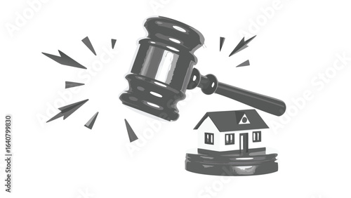 Illustration of a gavel striking a house on a platform with radiating lines around the gavel