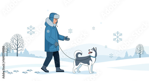 Man enjoying a winter walk with his husky dog in a serene snowy landscape illustration