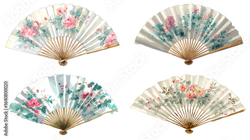  Elegant Chinese hand fans decorated with beautiful floral paintings in soft pastel tones, showcasing traditional craftsmanship.