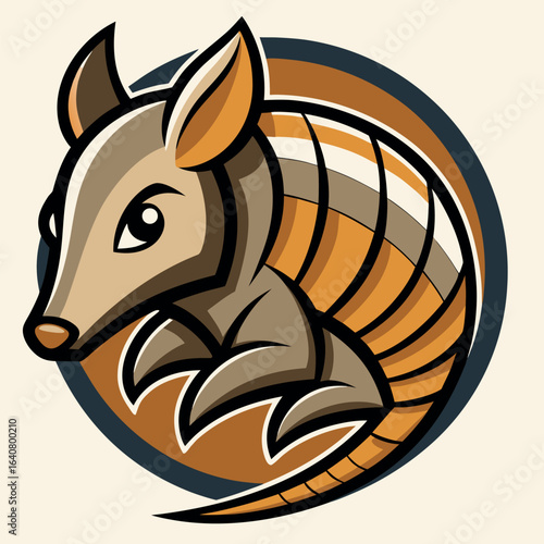 Artistic representation of an armadillo in a circular design with vibrant colors and cartoon style