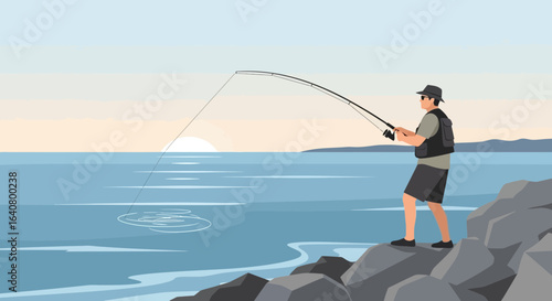Man Enjoying the Sunset Fishing From Rocky Shoreline Outdoor Recreational Activity