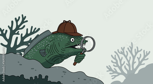 Intriguing eel detective illustration with magnifying glass and deerstalker hat, underwater theme, whimsical exploration