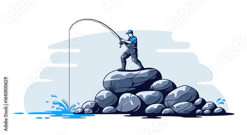 Isolated Fisherman Illustration Standing on Rocks Casting Fishing Rod with Splashes of Water around, Vector Design