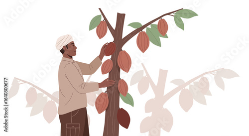 Man Harvesting Cacao Crop From Tree For Export and International Trade