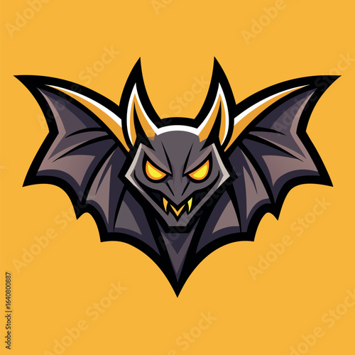 Fierce bat mascot design featuring sharp fangs and glowing eyes on a vibrant yellow background