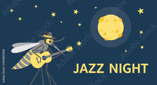 Jazz Night Cartoon Illustration featuring a Mosquito playing Guitar under the Moonlit Sky