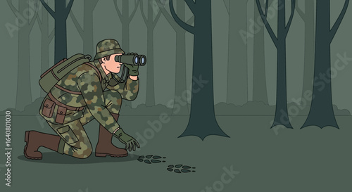 Man In Camouflage Looks Through Binoculars Tracks Footprints Forest Background