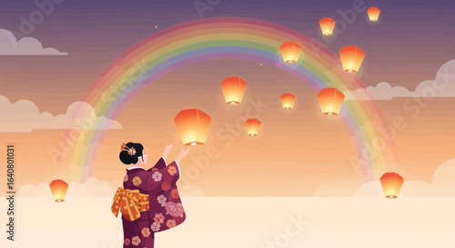 Japanese Woman Releases Sky Lanterns Under Rainbow Wishing For Good Fortune