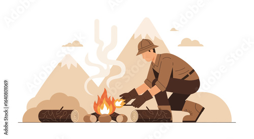 Man In Hat Lights Campfire Against Mountain Backdrop For Outdoor Adventure