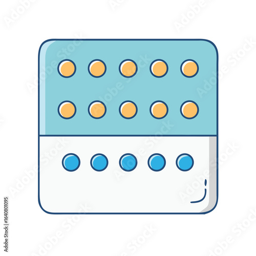 Cartoon illustration of blister pack with round pills in two colors