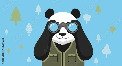 Panda Adventurer With Binoculars Exploring The Wilderness Cartoon Illustration