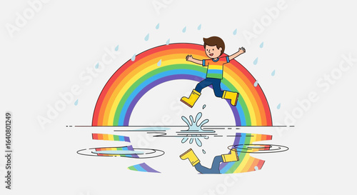 Joyful Adventures In Rainy Weather Depicting Childhood Playfulness And Rainbows