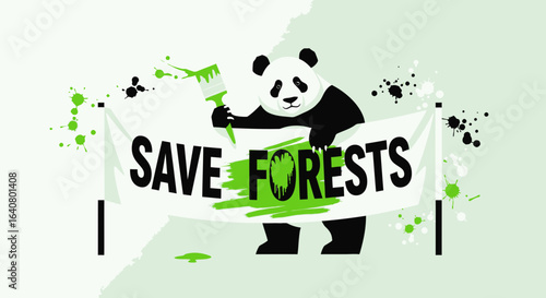 Panda bear holds a banner to save the forests, spreading environmental awareness