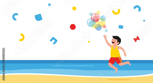 Joyful beach day vector illustration of a child chasing bubbles with playful shapes around him in summer