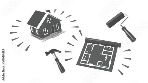 Illustration showing house blueprint hammer and paint roller surrounded by radiating lines design