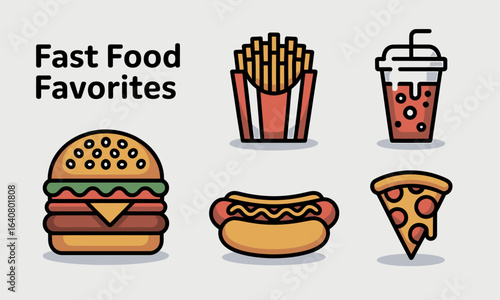 Colorful Flat Vector Fast Food Icons Featuring Burger, Fries, Hot Dog, Pizza Slice and Soda Cup — Playful Outline Illustrations for Menu Design, Restaurant Branding, Packaging and Social Media