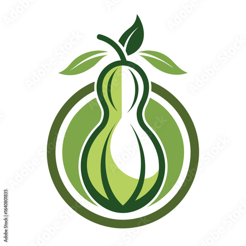 Abstract representation of a green pear design with leaves in a circular outline