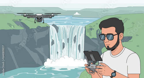 Man Operating Drone Near Waterfall Capturing Aerial Scenery Landscape Illustration