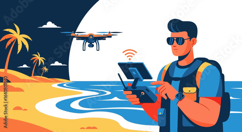 Man operating a drone on a tropical beach, showcasing drone technology and travel lifestyle