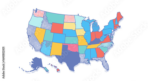 Colorful pop-art United States map with halftone textures and distinct state colors — stylized USA map illustration for infographics, presentations, education, marketing, data visualization