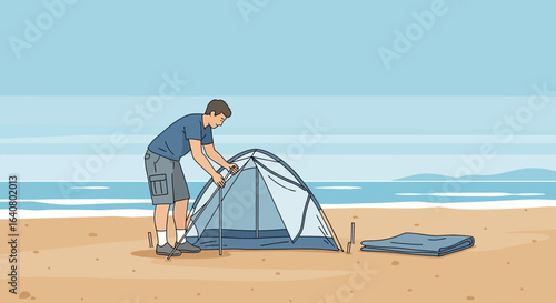 Man pitching tent on sandy beach near ocean under blue sky cartoon illustration