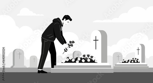Man Placing Flowers At Gravestone In Cemetery On Peaceful Mourning Day