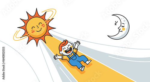 Joyful Cartoon Boy Enjoying a Fun Ride From Sun to Moon Illustration