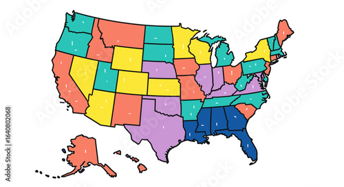 Colorful United States map with clear state boundaries, flat vector-style USA illustration, editable infographic for presentations, education, travel, marketing and regional data visualization