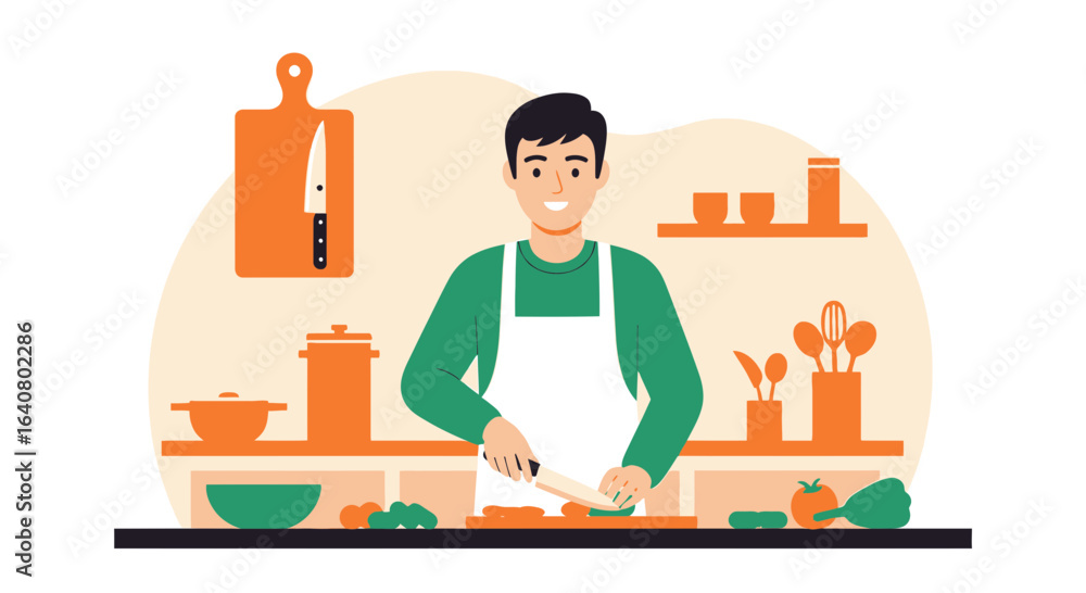 Fototapeta premium Man preparing food in the kitchen illustration flat vector design with vibrant colors and cheerful expression creates a cozy atmosphere