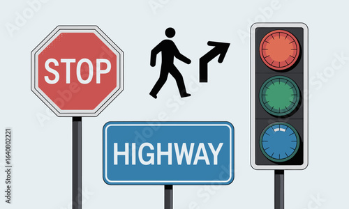 Comprehensive Road Safety and Traffic Guidance Icons Set Featuring Stop Signs, Highway Indicators, and Traffic Lights Designed for Educational and Commercial Use in Transportation and Urban Planning
