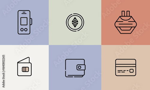 Cryptocurrency and Digital Payments Icon Set — Minimal Line UI Icons Featuring Ethereum Coin, Hardware Wallet, Mobile Payment Device, Credit Card, SIM Card and Bi-Fold Wallet for Fintech Apps