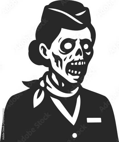 Zombie hostess in uniform for halloween horror theme and spooky night celebration.