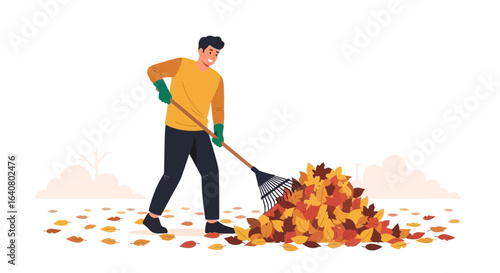 Man Raking Autumn Leaves Cartoon Character Preparing Yard for Winter Season