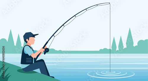 Peaceful Fishing Scene Featuring a Fisherman Near Tranquil Lake Waters