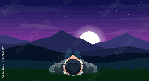 Man Relaxes Under The Night Sky Watching The Moon Rise Behind Mountains