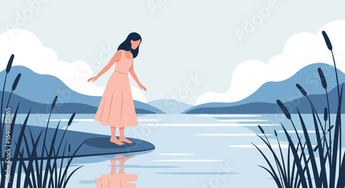 Peaceful lakeside scene with woman standing near water enjoying tranquil nature