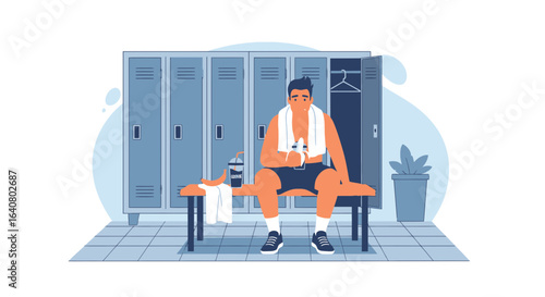 Man relaxing after a workout session in the locker room with lockers and a plant near