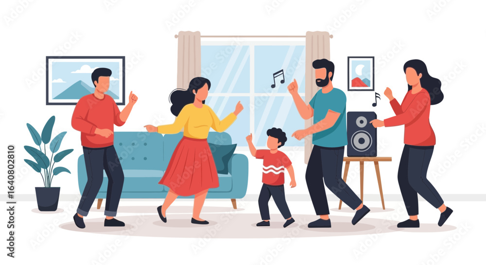 Joyful Family Dance Party: Animated Illustration of Togetherness and Celebration at Home Joyful Family Dance Party: Animated Illustration of Togetherness and Celebration at Home