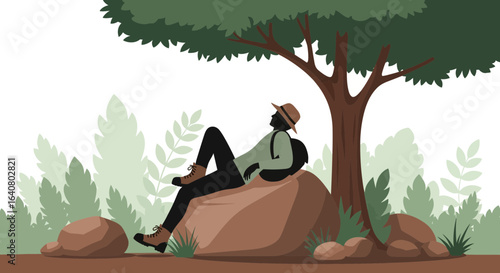 Man resting under tree after hiking in forest vector illustration design