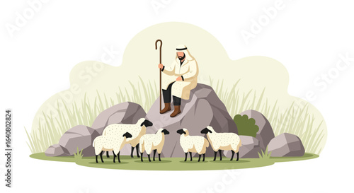 Peaceful Shepherd Supervising His Flock In Pastoral Setting On Rocky Terrain