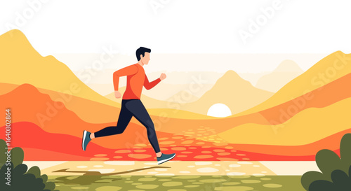 Man Running in the Outdoors, embracing Healthy Lifestyle and wellness exercise, surrounded by nature and peaceful hills