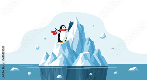 Penguin Adventurer Standing Atop A Towering Iceberg In A Frozen Landscape